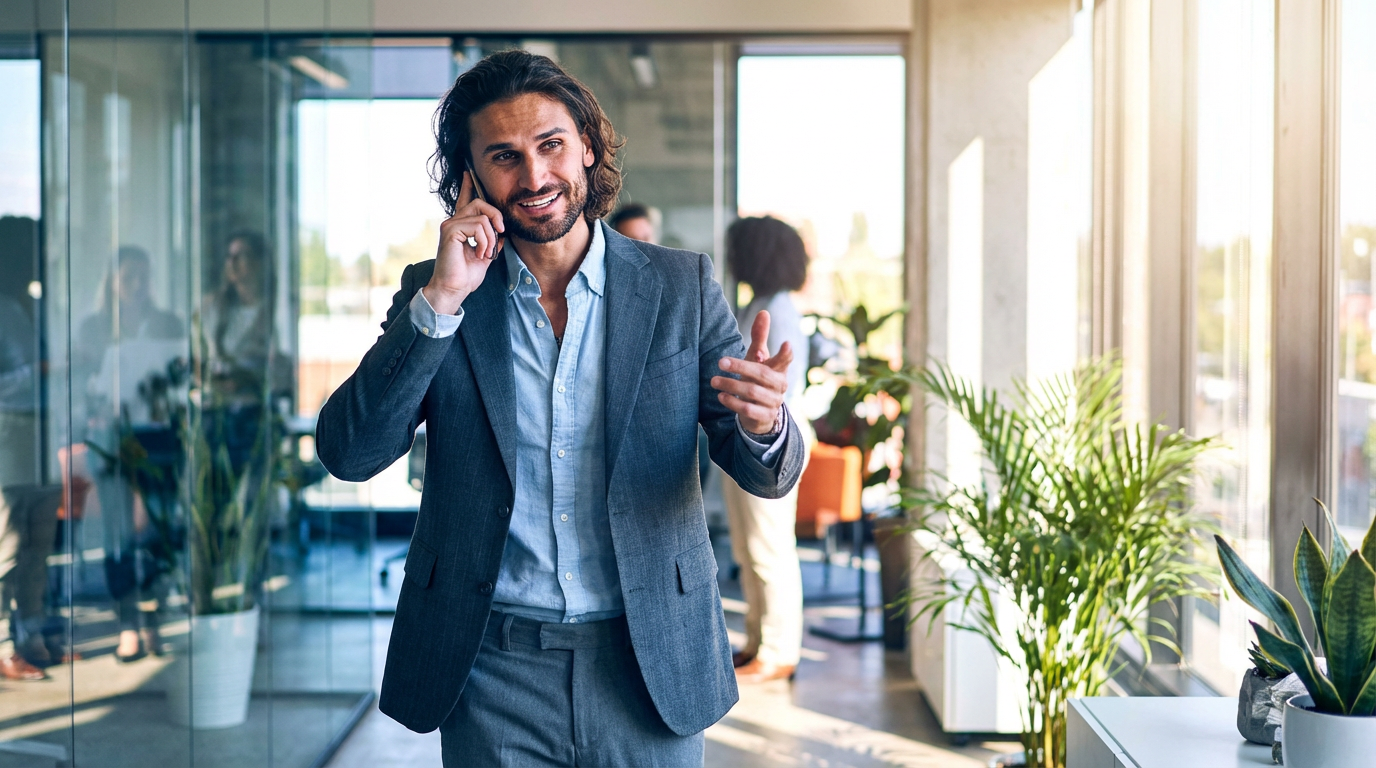 Confident professional walking in modern office